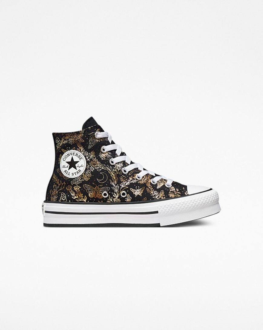 Topanky Na Platforme Converse Chuck Taylor All Star EVA Lift Butterfly Shine Vysoke Dievcenske Čierne Zlate Biele | SK UORI113